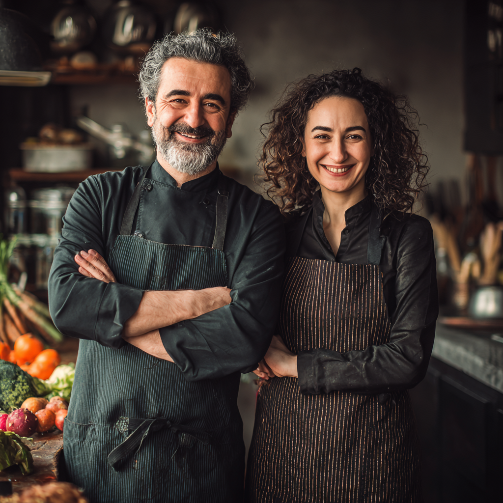 Mutlu gülümseyen Türk görünümlü orta yaşlı kadın, elinde sağlıklı beslenme tabağı tutuyor, modern mutfak ortamında, doğal ışık