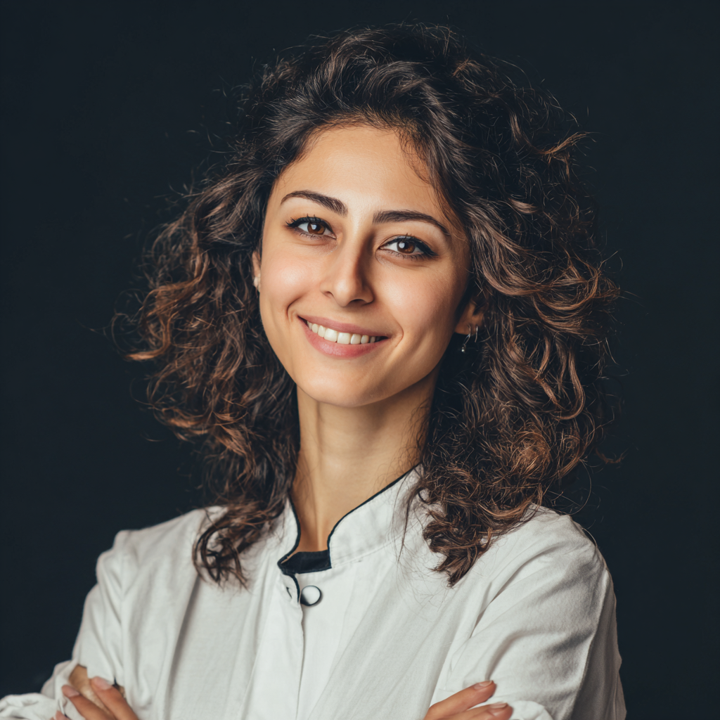 Profesyonel görünümlü Türk beslenme uzmanı, beyaz önlük giymiş, taze meyve ve sebzelerle dolu masanın başında gülümsüyor, modern klinik ortamı