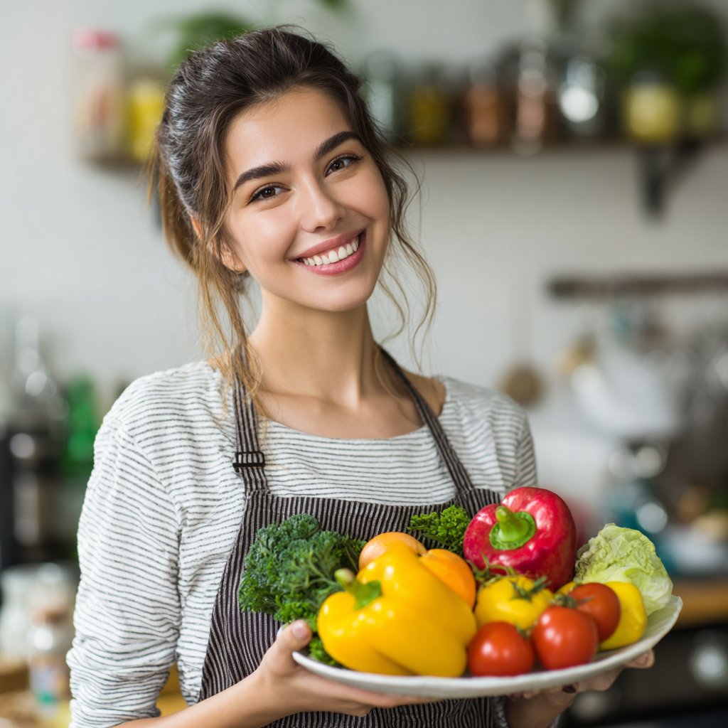 Beslenme uzmanı Türk kadın, tablet bilgisayar kullanarak besin öğesi analizini gösteriyor, modern ofis ortamında gülümsüyor